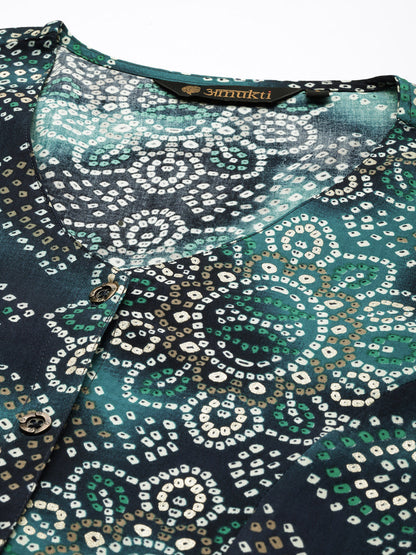 Blue Bhandhani  Printed Kurta, Princess Cur Kurta, A-Line Kurta, Bhandhani   Print, Vneck Kurta, printed kurta