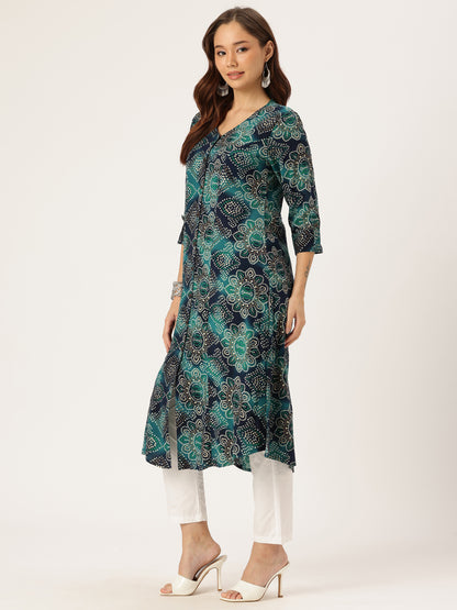Blue Bhandhani  Printed Kurta, Princess Cur Kurta, A-Line Kurta, Bhandhani   Print, Vneck Kurta, printed kurta