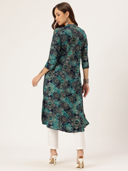 Blue Bhandhani  Printed Kurta, Princess Cur Kurta, A-Line Kurta, Bhandhani   Print, Vneck Kurta, printed kurta