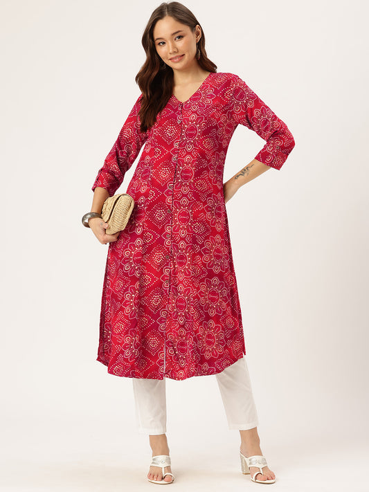 Red Floral Printed Kurta