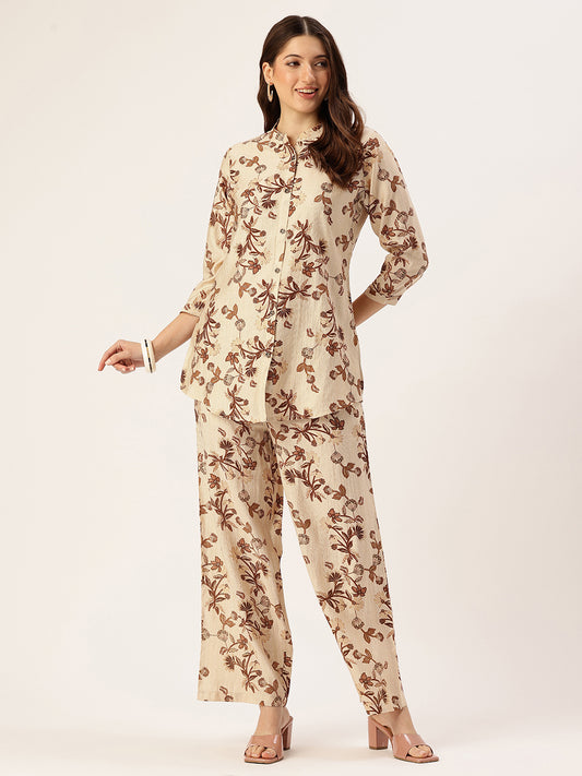 Beige Floral Printed Co-Ords