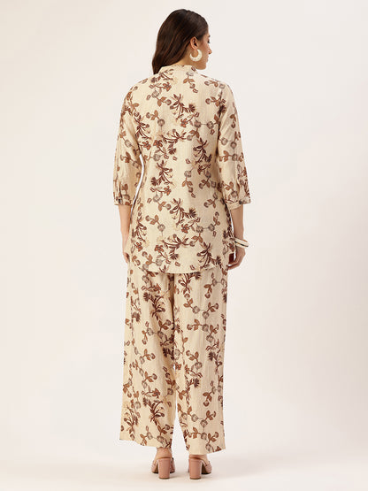 Beige Floral Printed Co-Ords