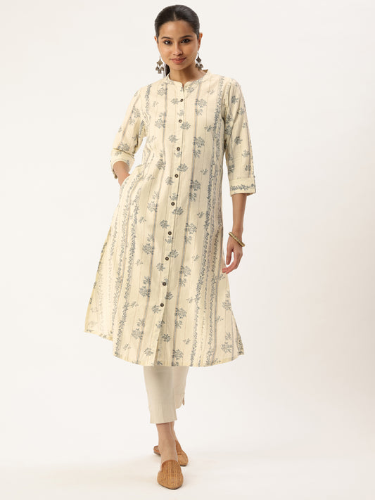 White Stripe Printed A Line Kurta