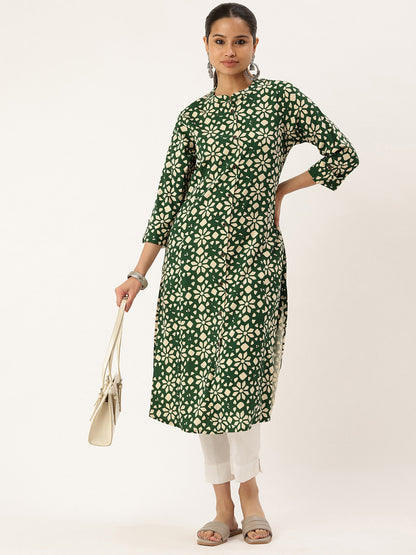 Green Floral Printed Kurta, Princess Cur Kurta, A-Line Kurta, Floral Print, Mandarin Collar kurta, printed kurta