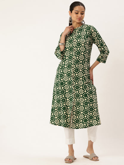 Green Floral Printed Kurta, Princess Cur Kurta, A-Line Kurta, Floral Print, Mandarin Collar kurta, printed kurta
