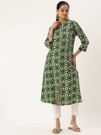 Green Floral Printed Kurta, Princess Cur Kurta, A-Line Kurta, Floral Print, Mandarin Collar kurta, printed kurta

