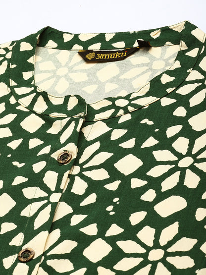 Green Floral Printed Kurta, Princess Cur Kurta, A-Line Kurta, Floral Print, Mandarin Collar kurta, printed kurta