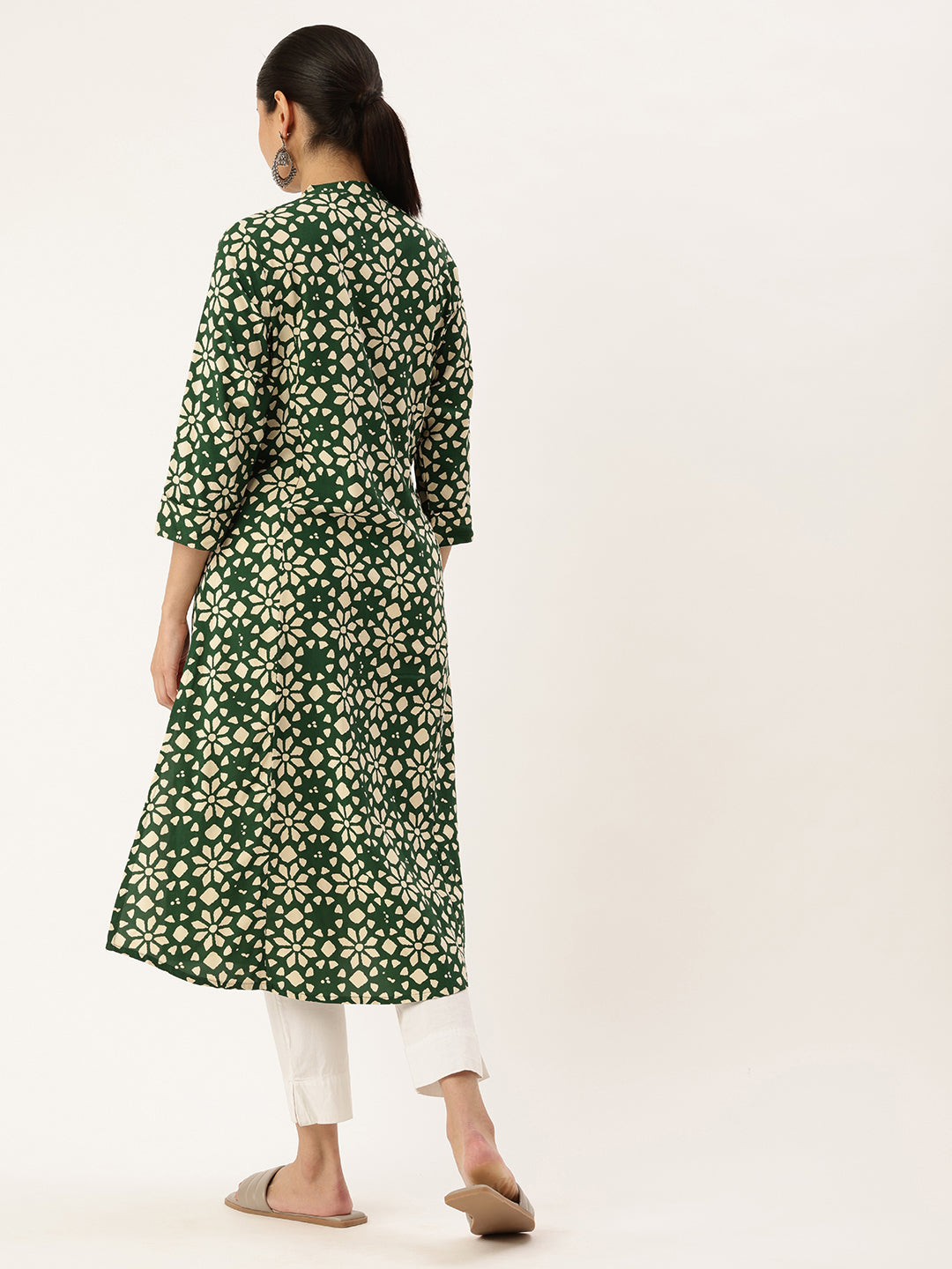 Green Floral Printed Kurta, Princess Cur Kurta, A-Line Kurta, Floral Print, Mandarin Collar kurta, printed kurta