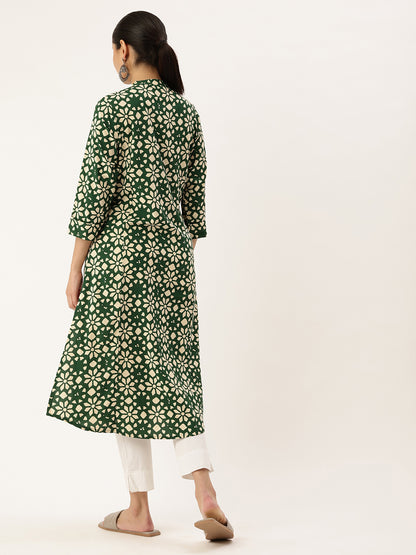 Green Floral Printed Kurta, Princess Cur Kurta, A-Line Kurta, Floral Print, Mandarin Collar kurta, printed kurta
