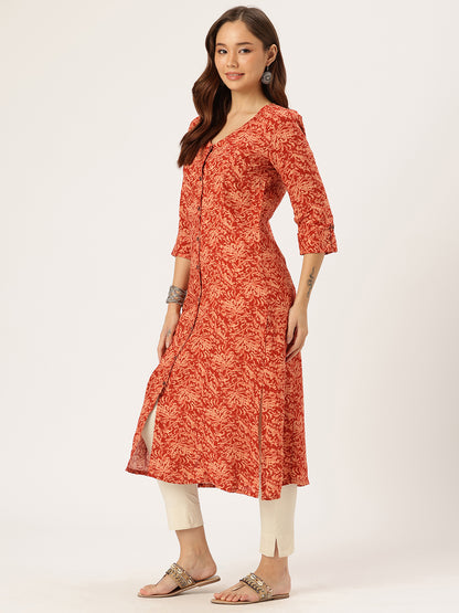 Red Floral Printed Kurta