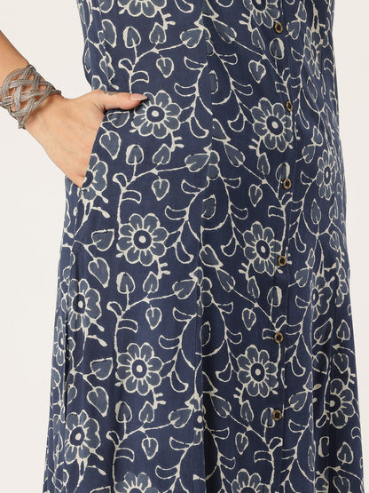 Blue Floral Printed Kurta, Princess Cur Kurta, A-Line Kurta, Floral Print, printed kurta, Round Neck