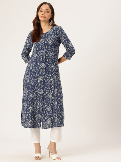 Blue Floral Printed Kurta, Princess Cur Kurta, A-Line Kurta, Floral Print, printed kurta, Round Neck