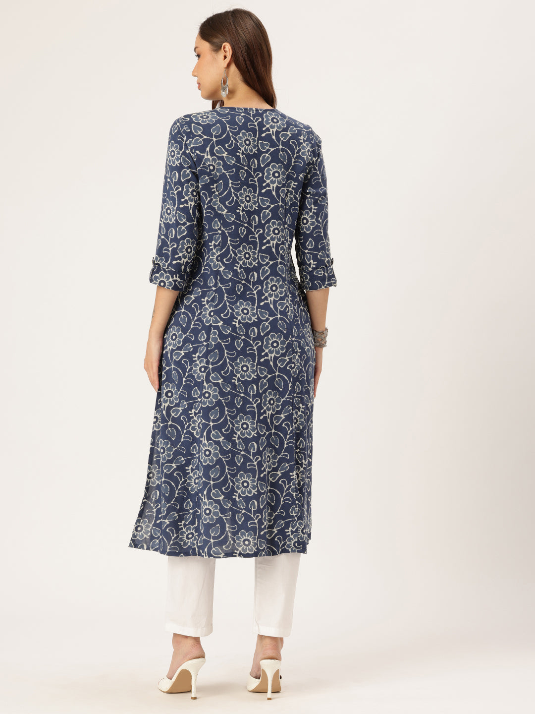Blue Floral Printed Kurta, Princess Cur Kurta, A-Line Kurta, Floral Print, printed kurta, Round Neck