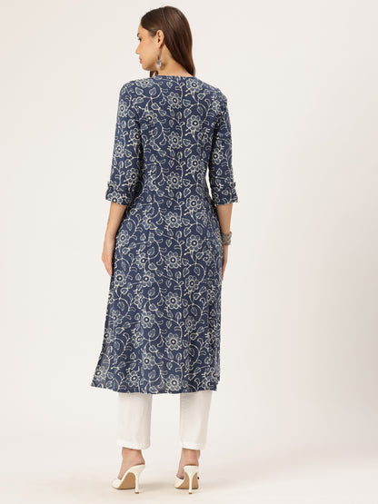 Blue Floral Printed Kurta, Princess Cur Kurta, A-Line Kurta, Floral Print, printed kurta, Round Neck