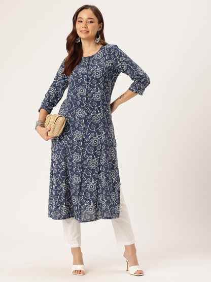 Blue Floral Printed Kurta, Princess Cur Kurta, A-Line Kurta, Floral Print, printed kurta, Round Neck
