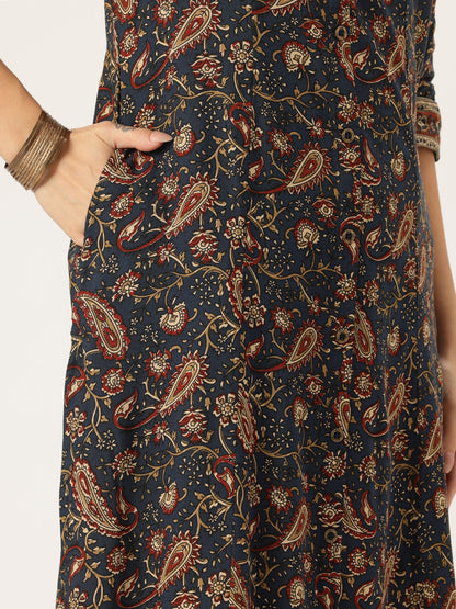 Blue Paisley Printed A-Line Kurta, Princess Cur Kurta, A-Line Kurta, Floral Print, printed kurta, V-neck