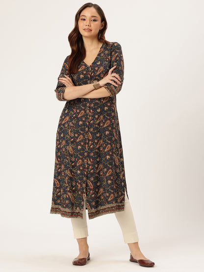 Blue Paisley Printed A-Line Kurta, Princess Cur Kurta, A-Line Kurta, Floral Print, printed kurta, V-neck