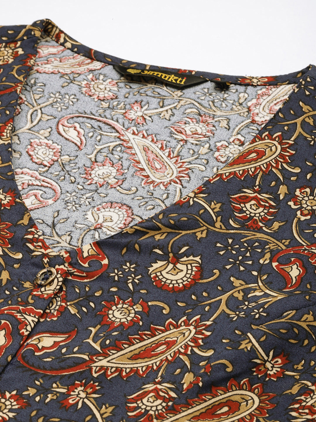 Blue Paisley Printed A-Line Kurta, Princess Cur Kurta, A-Line Kurta, Floral Print, printed kurta, V-neck