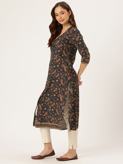 Blue Paisley Printed A-Line Kurta, Princess Cur Kurta, A-Line Kurta, Floral Print, printed kurta, V-neck