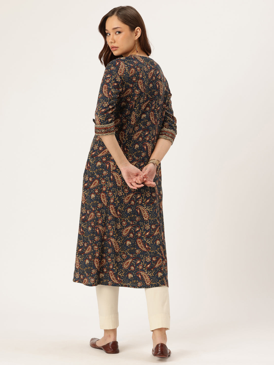 Blue Paisley Printed A-Line Kurta, Princess Cur Kurta, A-Line Kurta, Floral Print, printed kurta, V-neck