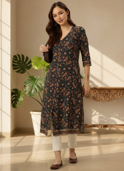 Blue Paisley Printed A-Line Kurta, Princess Cur Kurta, A-Line Kurta, Floral Print, printed kurta, V-neck
