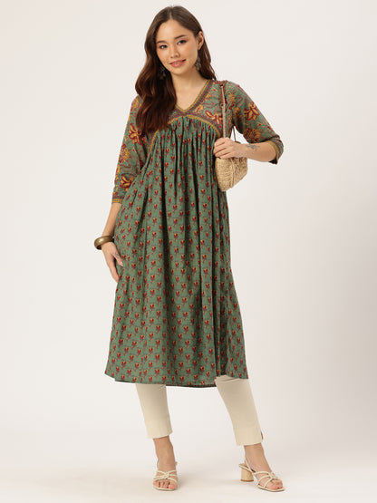 Olive Green Floral Printed Empire Style Kurta
