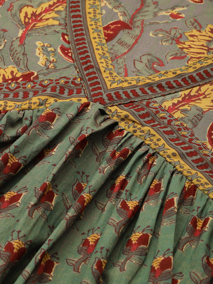 Olive Green Floral Printed Empire Style Kurta