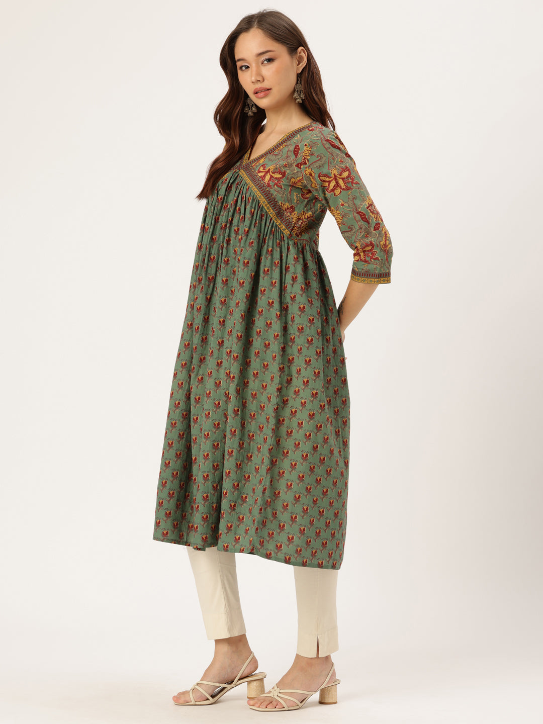 Olive Green Floral Printed Empire Style Kurta