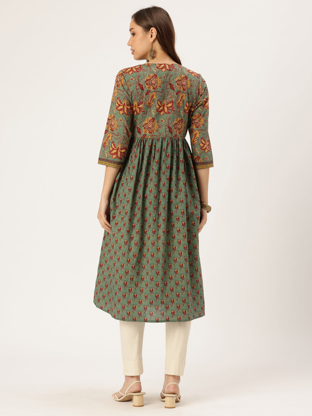 Olive Green Floral Printed Empire Style Kurta