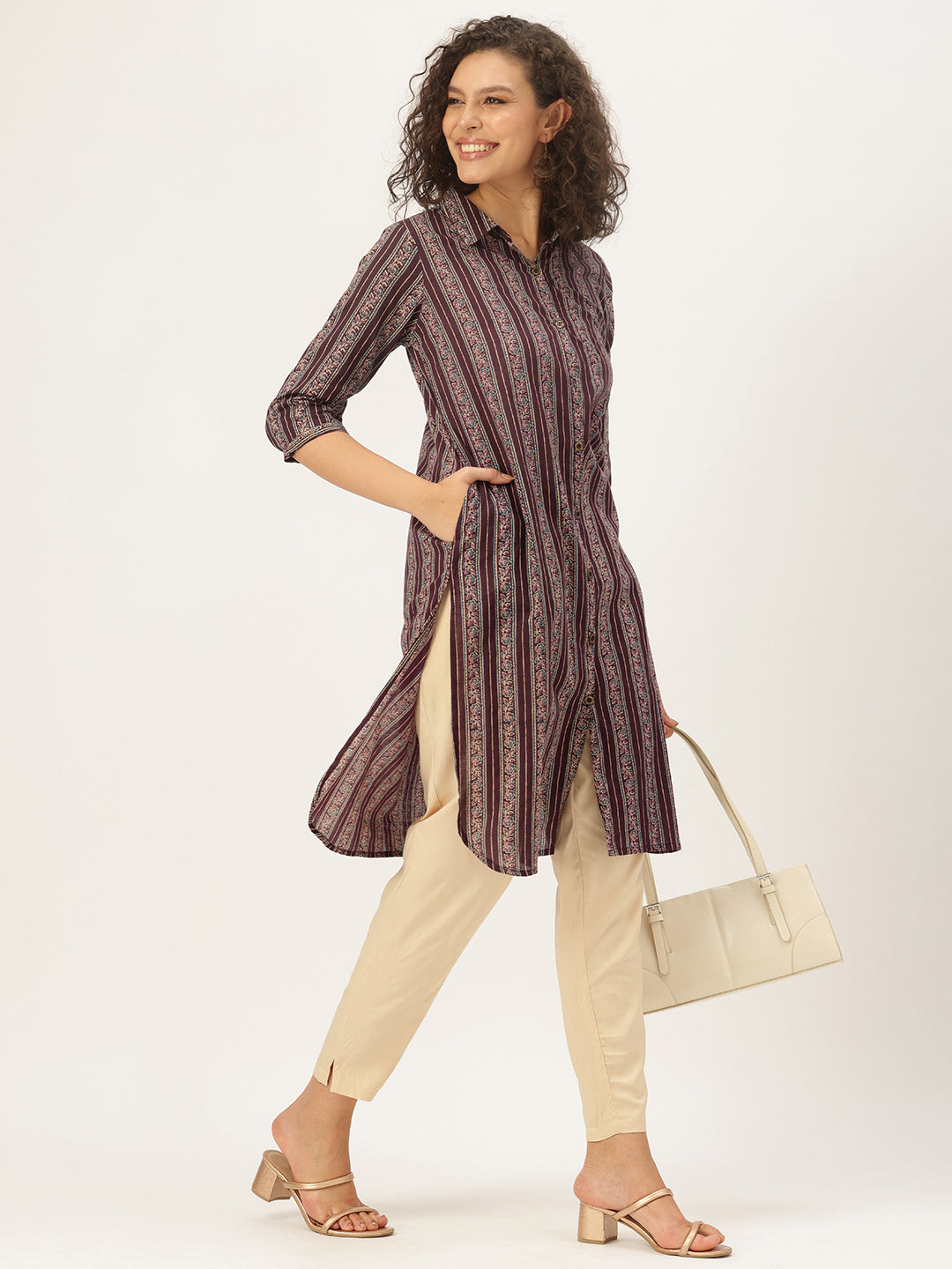 Maroon Pure Cotton Striped Printed Straight Kurta