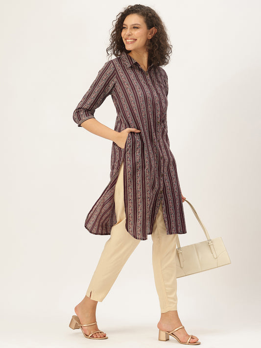 Maroon Pure Cotton Striped Printed Straight Kurta