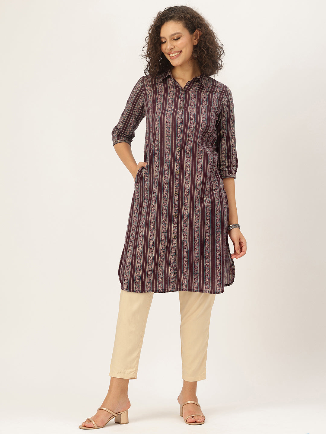 Maroon Pure Cotton Striped Printed Straight Kurta