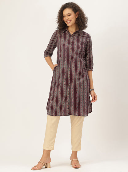 Maroon Pure Cotton Striped Printed Straight Kurta