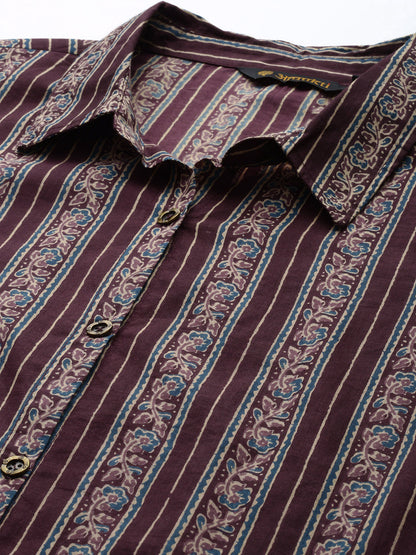 Maroon Pure Cotton Striped Printed Straight Kurta