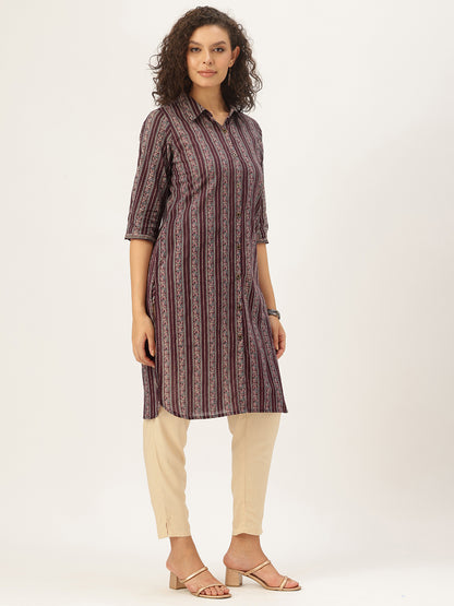 Maroon Pure Cotton Striped Printed Straight Kurta