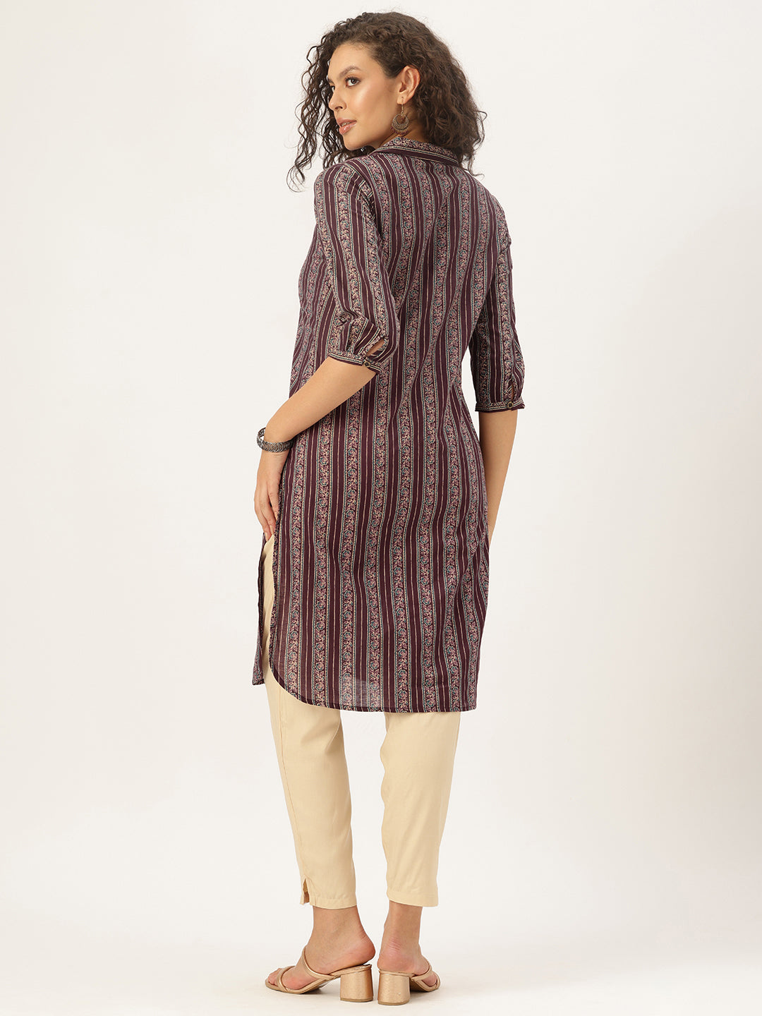 Maroon Pure Cotton Striped Printed Straight Kurta