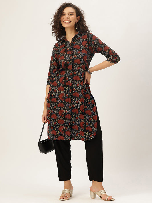 Maroon Pure Cotton Floral Printed Straight Kurta