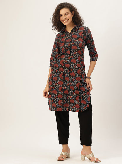 Maroon Pure Cotton Floral Printed Straight Kurta
