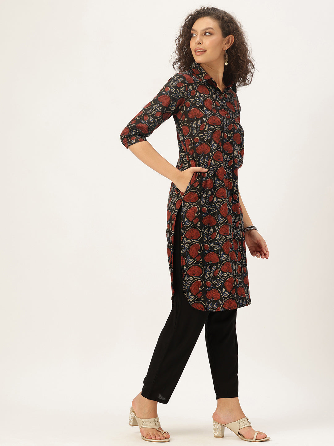 Maroon Pure Cotton Floral Printed Straight Kurta