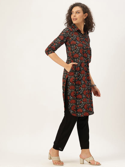Maroon Pure Cotton Floral Printed Straight Kurta