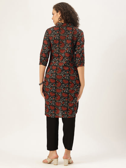 Maroon Pure Cotton Floral Printed Straight Kurta