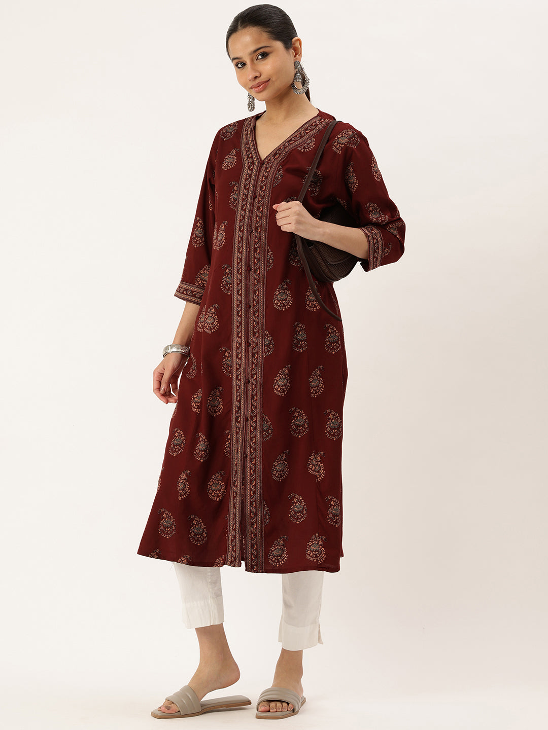 Maroon Ethnic Motifs Printed V-Neck Kurta