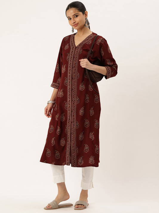 Maroon Ethnic Motifs Printed V-Neck Kurta