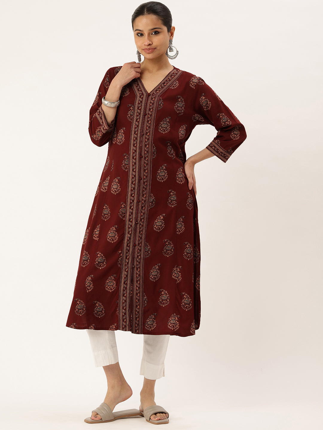 Maroon Ethnic Motifs Printed V-Neck Kurta