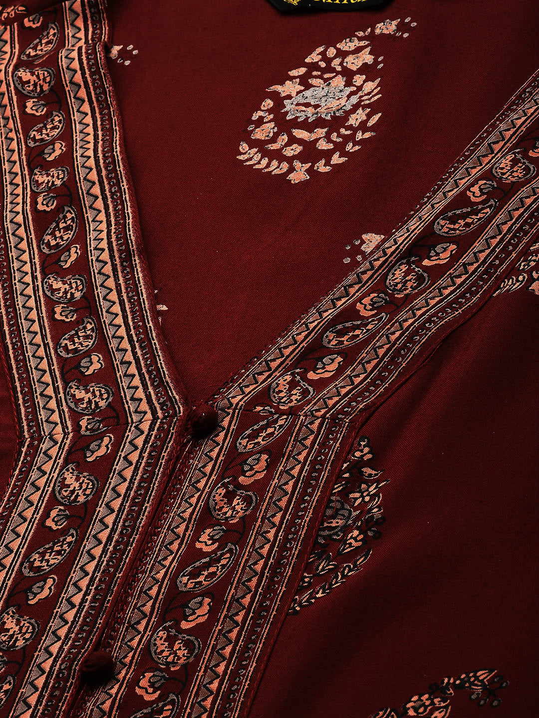 Maroon Ethnic Motifs Printed V-Neck Kurta