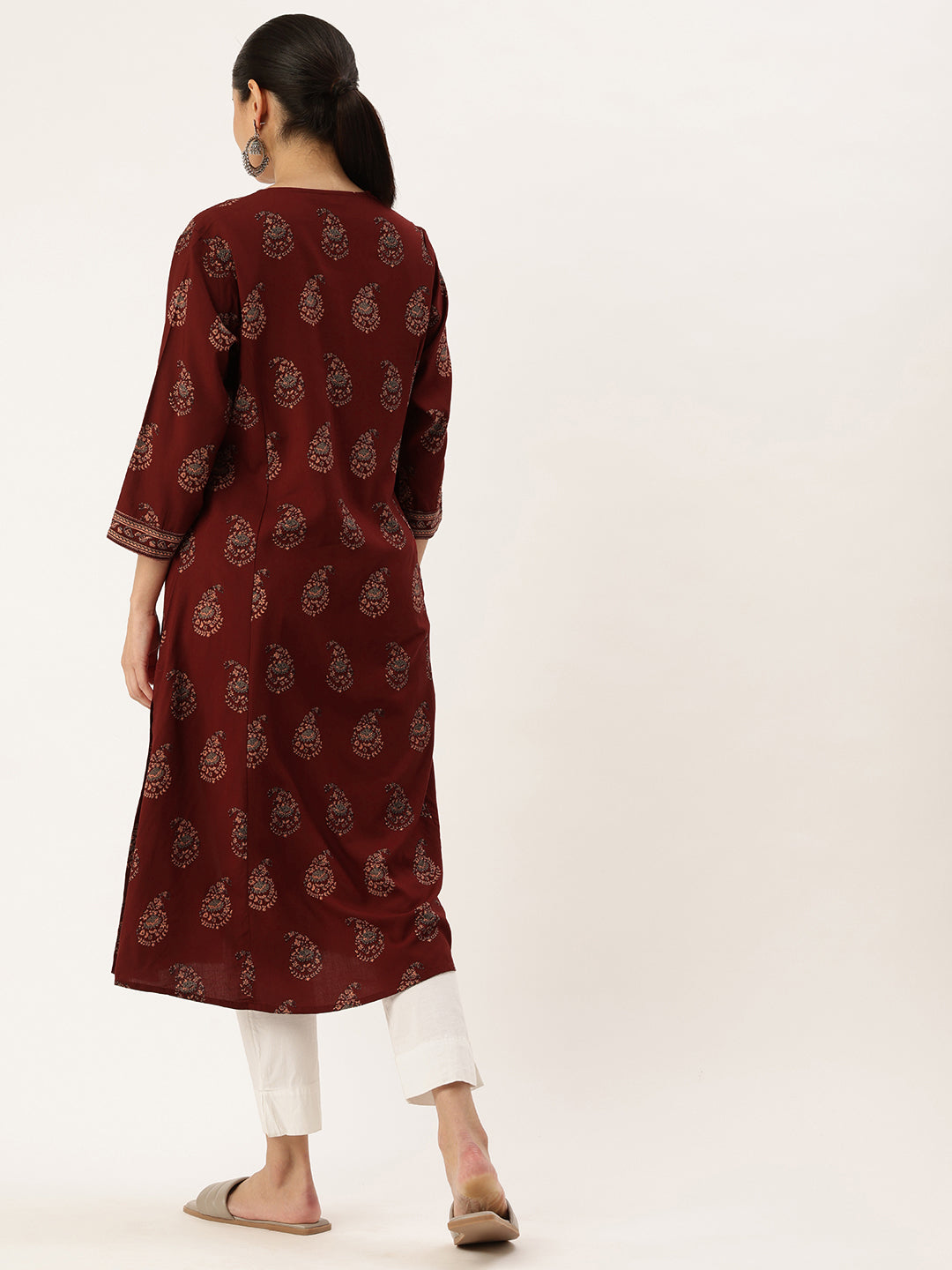 Maroon Ethnic Motifs Printed V-Neck Kurta