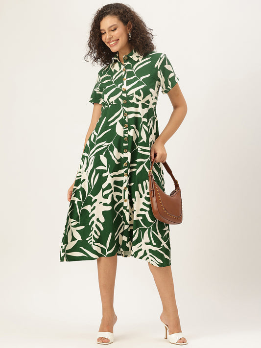 Green & White Leaf Printed Midi Dress