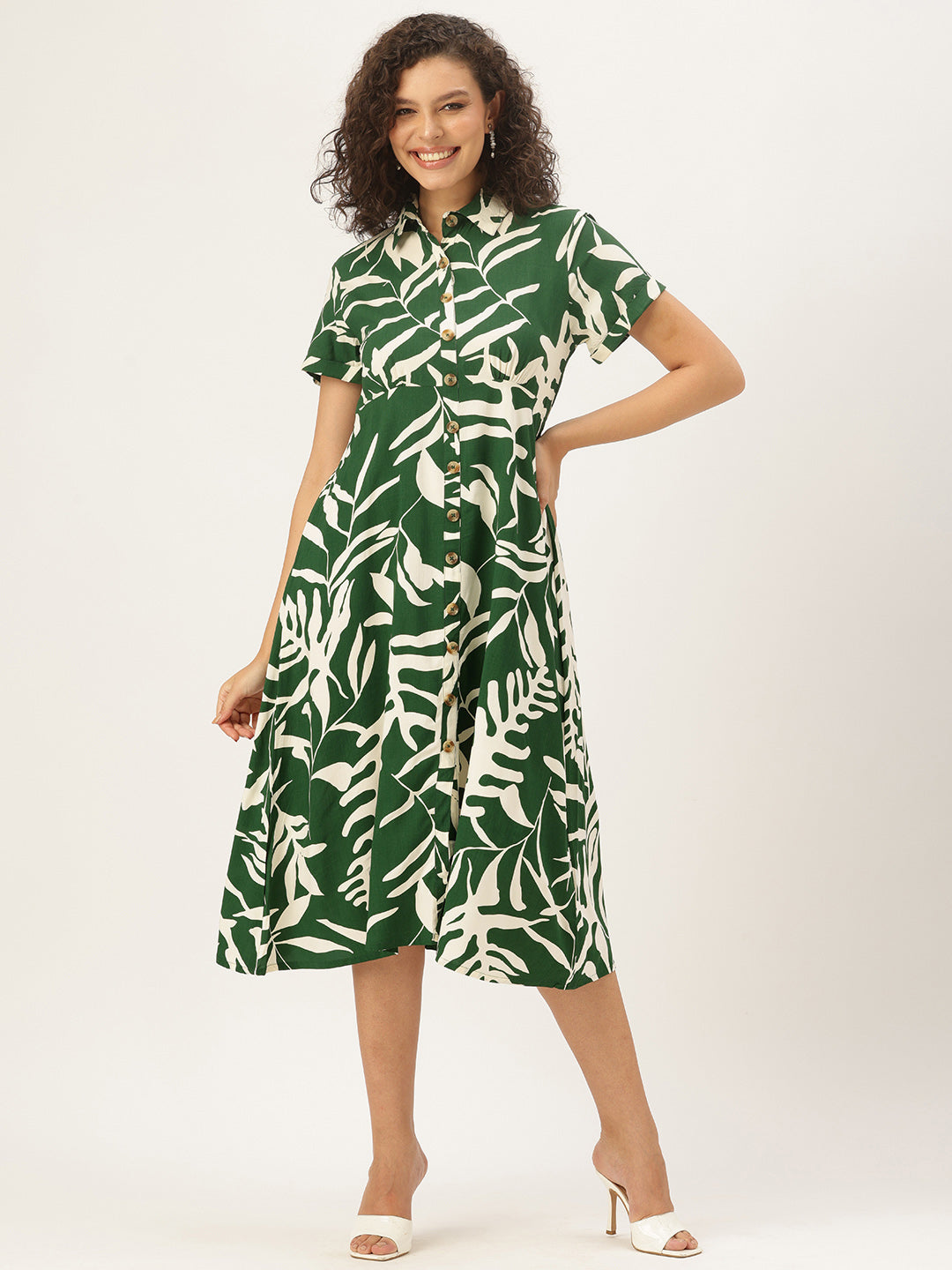 Green & White Leaf Printed Midi Dress