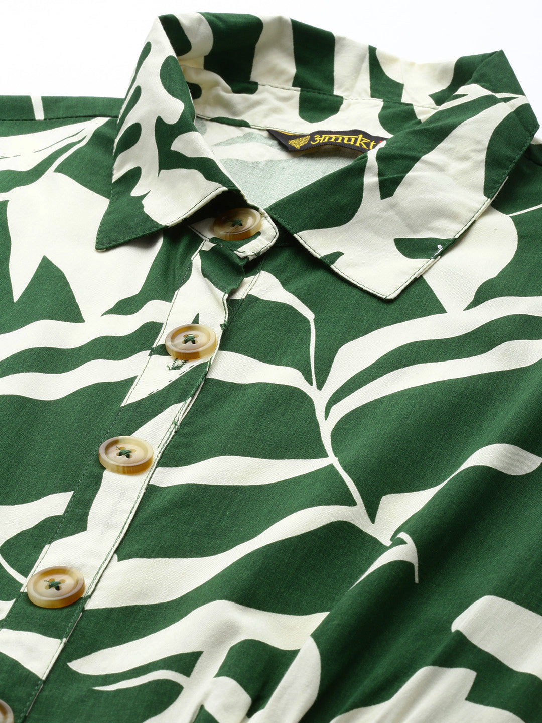 Green & White Leaf Printed Midi Dress