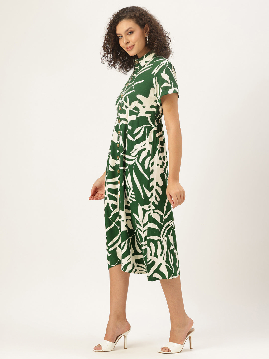 Green & White Leaf Printed Midi Dress